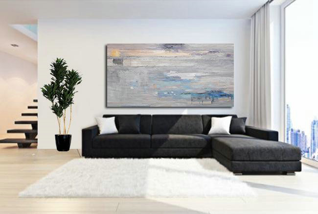 Original Painting Hand Made Large Abstract Art,Horizontal Palette Knife Contemporary Art,Contemporary Artwork,Grey,Blue,White.etc